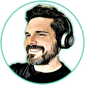 A cartoonized headshot of a dark-haired man with a mustache and bear wearing headphones.
